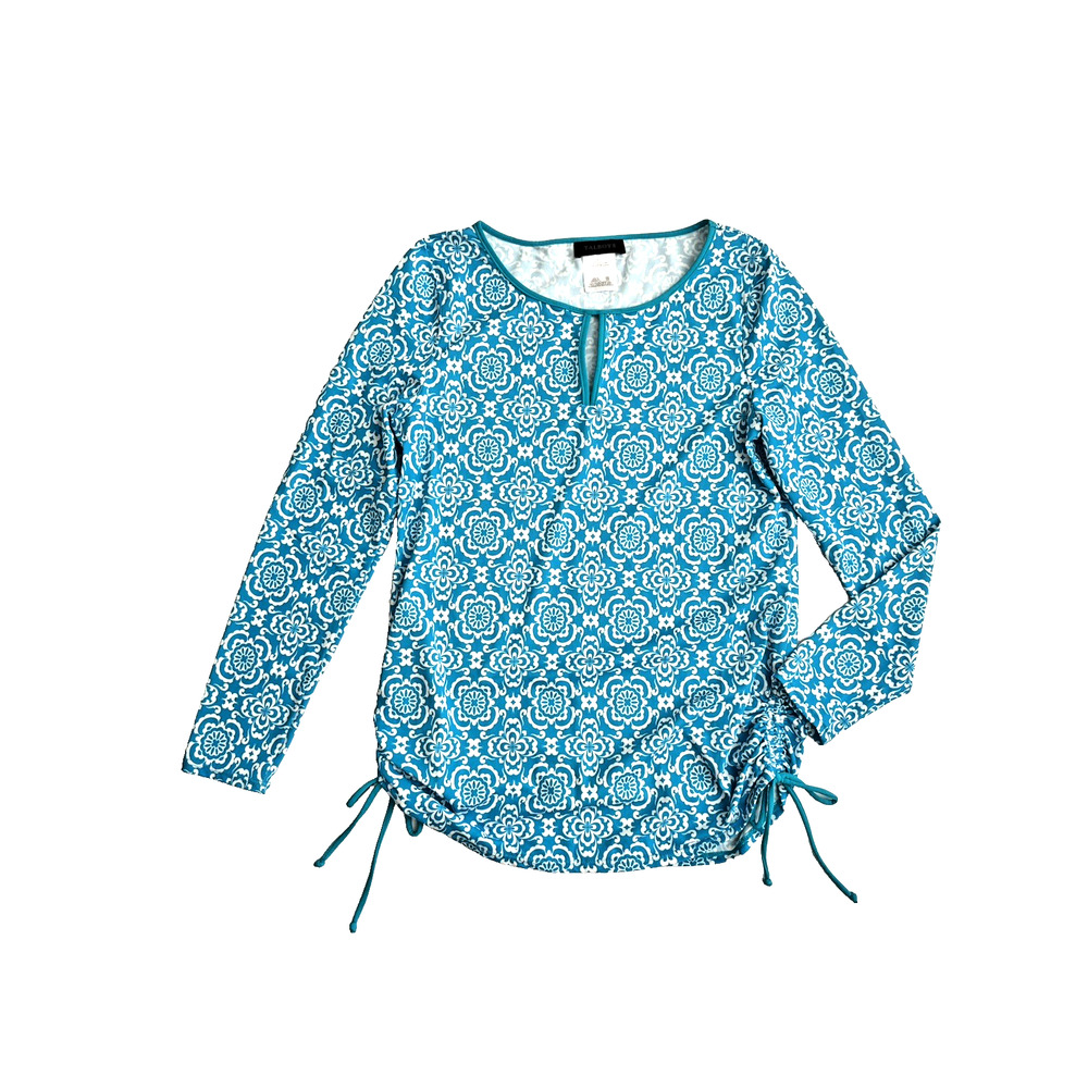 Talbots Pullover Top L Turquoise Blue White Long-Sleeve Beach Cover-Up Rashguard